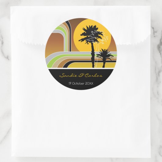 Retro Stripes Zonsondergang Tropische Palmbomen Br Ronde Sticker (Tas)