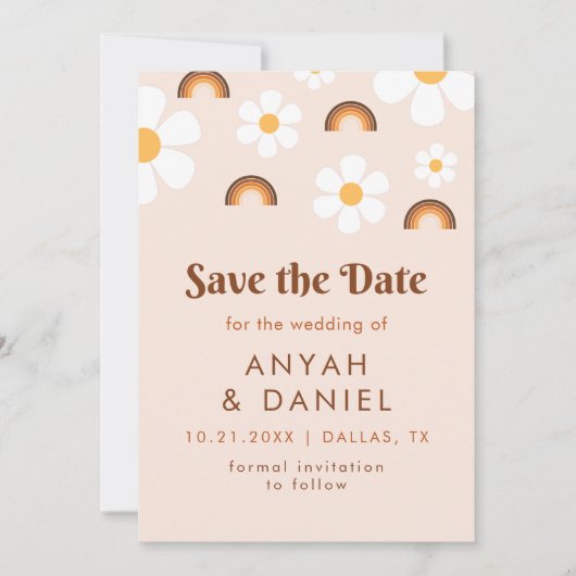 Retro Style 70s Regelboog & Daisy Groovy Hippie Save The Date (Voorkant)