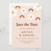 Retro Style 70s Regelboog & Daisy Groovy Hippie Save The Date (Voorkant / Achterkant)