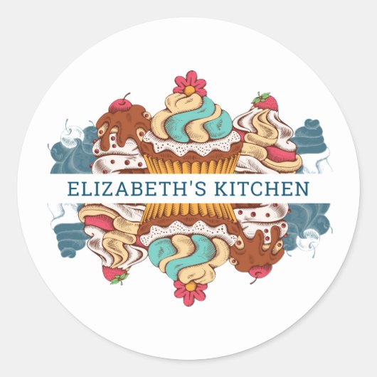 Retro Style Cupcakes Sweet Dessert Kitchen Ronde Sticker (Voorkant)