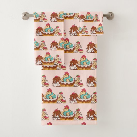 Retro Style Cupcakes Sweet Dessert Patroon Bad Handdoek (Insitu)