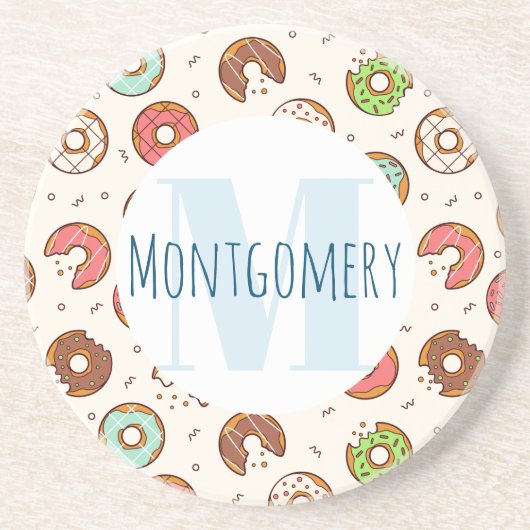Retro Style Cute Colorful Donut Pattern Monogram Zandsteen Onderzetter (Voorkant)