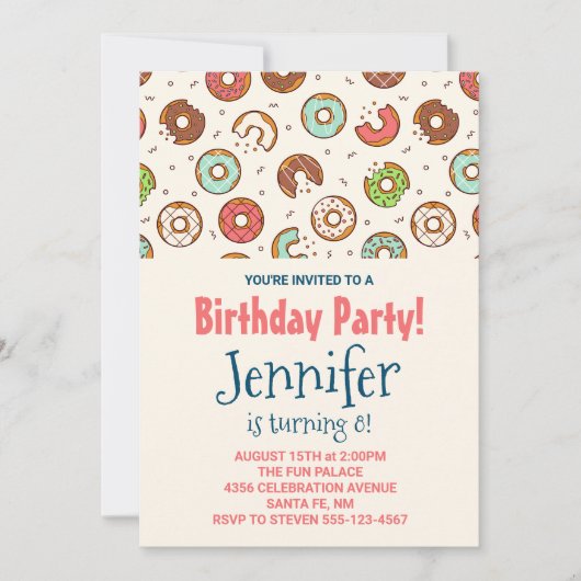 Retro Style Cute Donut Pattern Birthday Party Kaart (Voorkant)