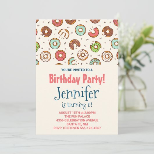 Retro Style Cute Donut Pattern Birthday Party Kaart (Staand voorkant)