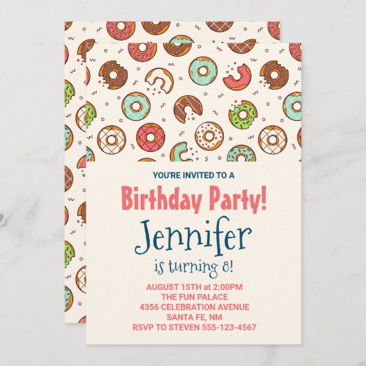 Retro Style Cute Donut Pattern Birthday Party Kaart (Voorkant / Achterkant)