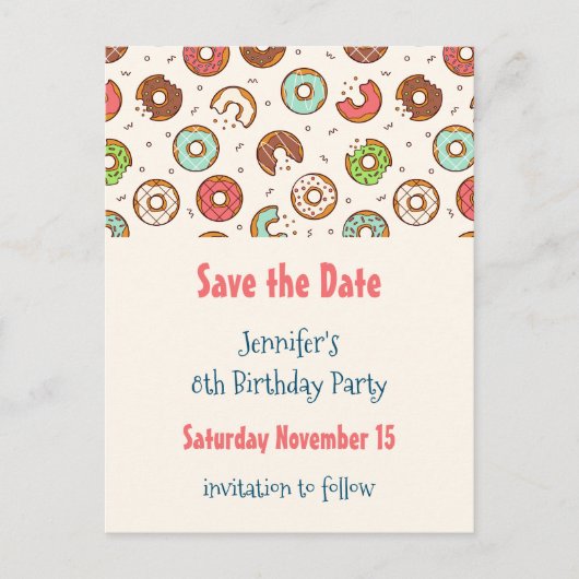Retro Style Cute Donut Pattern Save the Date Uitnodiging Briefkaart (Voorkant)