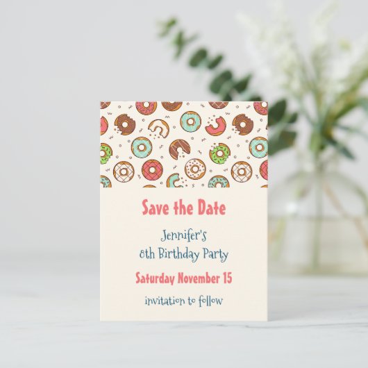 Retro Style Cute Donut Pattern Save the Date Uitnodiging Briefkaart (Staand voorkant)