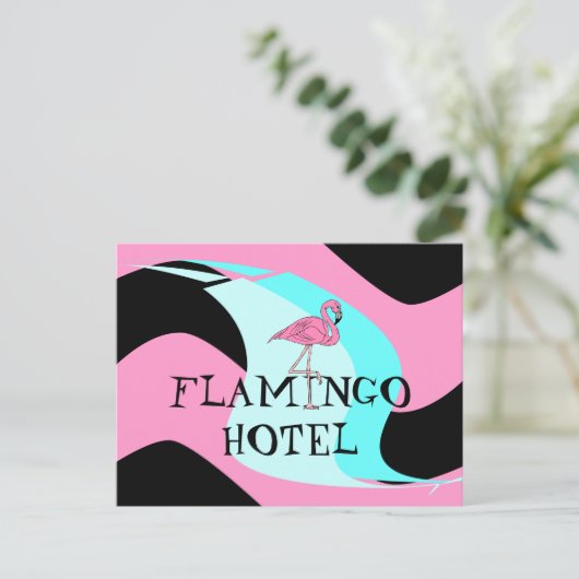 Retro Style Flamingo Hotel Briefkaart aquas roze (Staand voorkant)