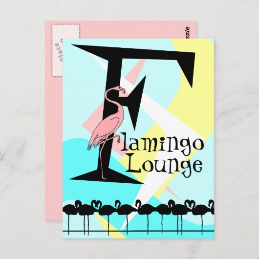 Retro Style Flamingo Lounge Briefkaart aquas roze (Voorkant / Achterkant)