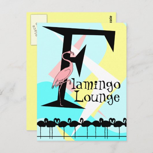 Retro Style Flamingo Lounge Briefkaart aquas roze (Voorkant / Achterkant)
