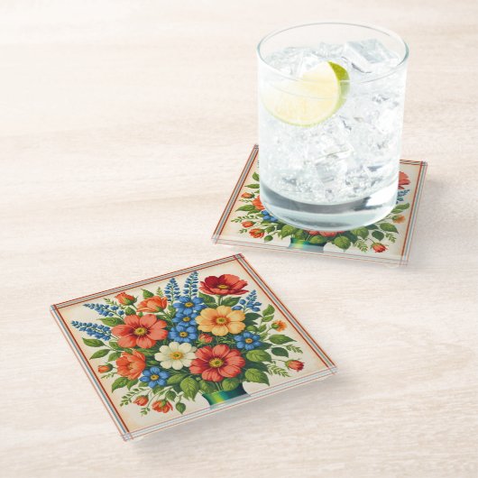 Retro Style Flower Bouquet | Glass Coaster Glazen Onderzetter (Schuin)
