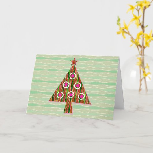 Retro Style Groen Roze Kerstboom Kaart (Gele Bloem)