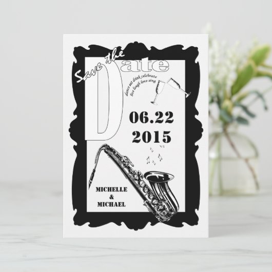 Retro Style Jazz Save the Date Black White Kaart (Staand voorkant)