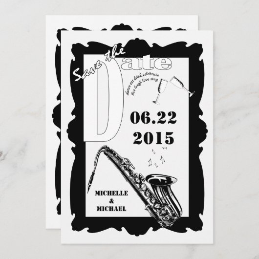 Retro Style Jazz Save the Date Black White Kaart (Voorkant / Achterkant)