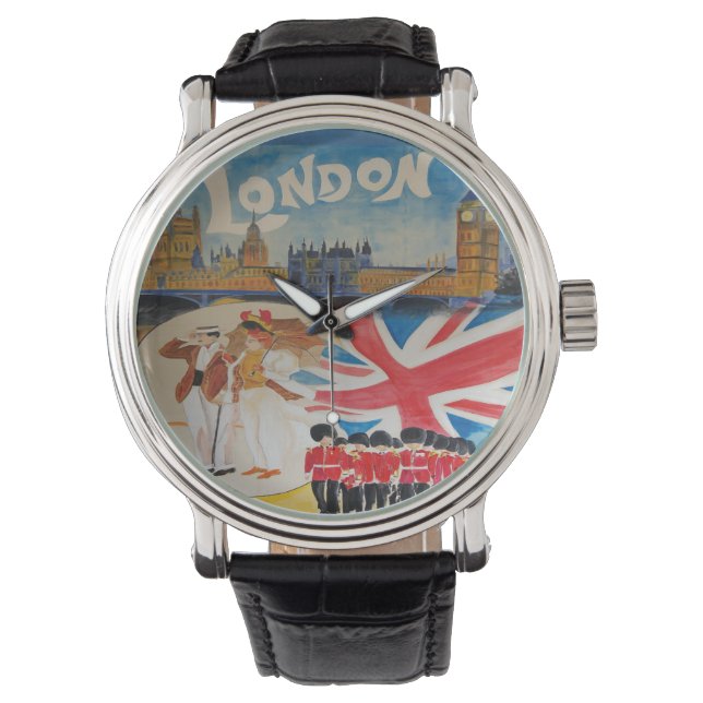 Retro Style Londen Engeland Reizen Waterverf Kunst Horloge (Voorkant)