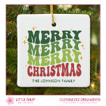 Retro Style Merry Christmas Foto Keramisch Ornament<br><div class="desc">Vier het vakantieseizoen met dit charmante, gepersonaliseerde kerstornament dat klassieke retro-stijl combineert met moderne maatwerk. Met de feestelijke zin "Merry Merry Christmas", weergegeven in een traditioneel rood en groen kleurenpalet, voegt dit ornament een vleugje nostalgie toe aan uw vakantiedecor. Pas dit ontwerp aan met een naam, speciaal bericht of elke...</div>