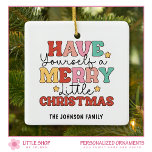 Retro Style Merry Little Christmas Foto Keramisch Ornament<br><div class="desc">Vier het vakantieseizoen met een unieke mix van klassieke charme en moderne personalisatie. Deze retro-stijl kerstversiering heeft de feestelijke boodschap, "Have Yourself a Merry Little Christmas", in nostalgische typografie en leuke tinten rood, groen, geel en roze. Met dit aanpasbare ornament kunt u een familienaam, een speciaal bericht of een tekst...</div>