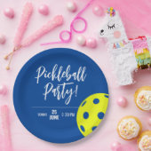 Retro Style Neon Blauw Theme Pickleball Verjaardag Papieren Bordje (Feest)