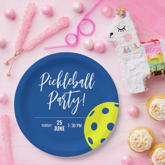 Retro Style Neon Blauw Theme Pickleball Verjaardag Papieren Bordje (Feest)