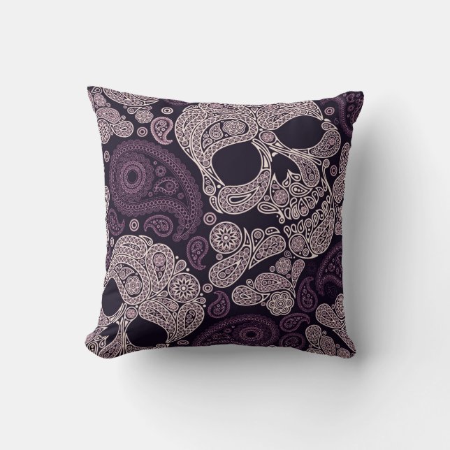 Retro Style Paisley Skull in donker Paars Kussen (Voorkant)