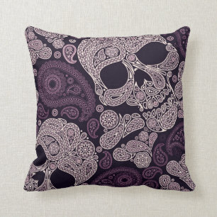 Retro Style Paisley Skull in donker Paars Kussen