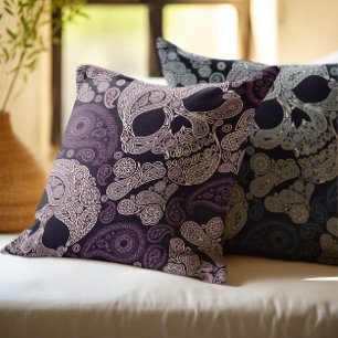 Retro Style Paisley Skull in Navy Blue Kussen