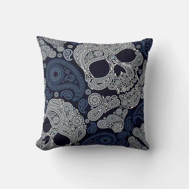Retro Style Paisley Skull in Navy Blue Kussen (Voorkant)