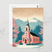 Retro Style Pink Church Art Briefkaart (Voorkant / Achterkant)