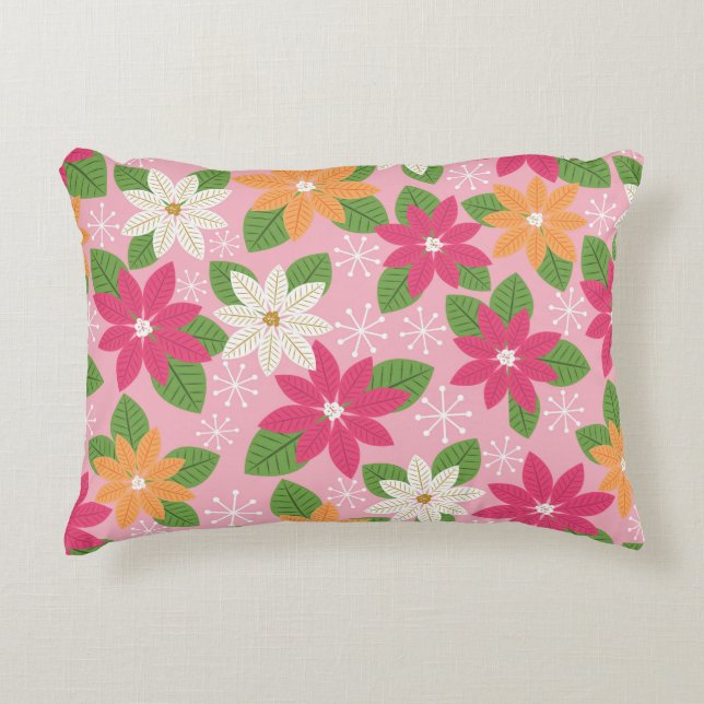 Retro Style Poinsettia & Snowflakes -Roze Accent Kussen (Voorkant)
