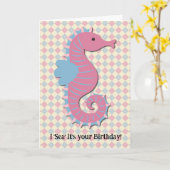 Retro Style Seahorse Fun Pun Verjaardags Kaart (Gele Bloem)