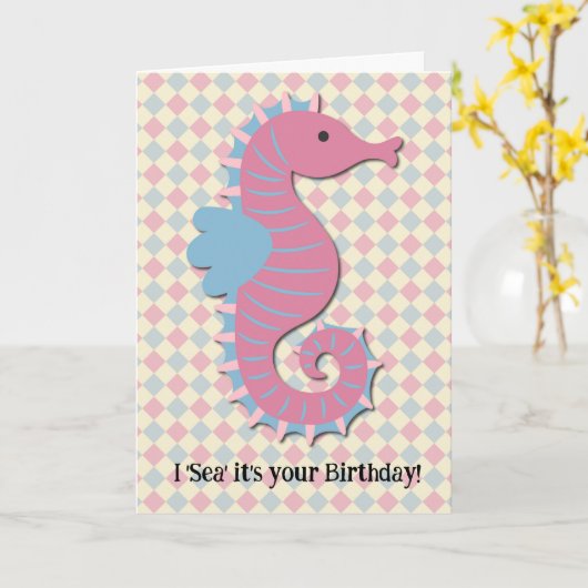 Retro Style Seahorse Fun Pun Verjaardags Kaart (Gele Bloem)