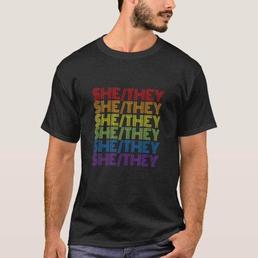 Retro Style She They Pronouns Rainbow Pride Flag T-shirt (Voorkant)
