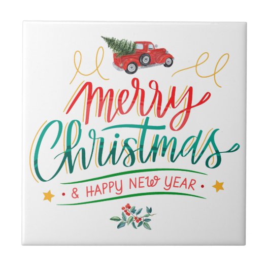 Retro Style Truck Merry kerst Tegeltje (Voorkant)