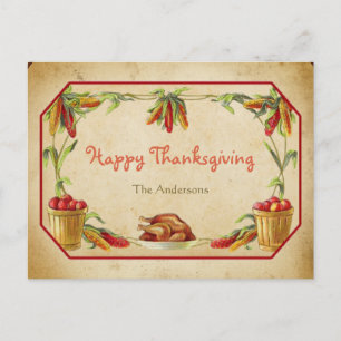 Retro Stylish Corn Apple Turkey Happy Thanksgiving Feestdagenkaart