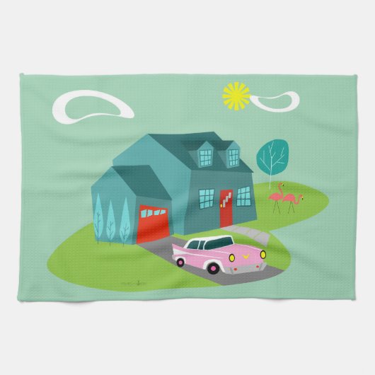 Retro Suburban House Keukenhanddoek (Horizontaal)