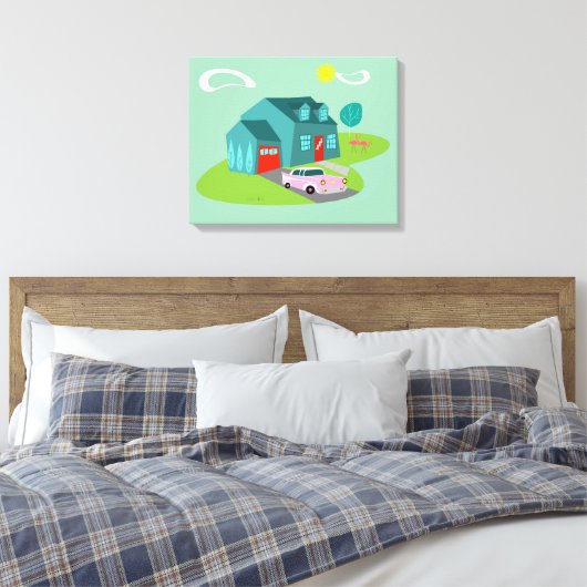 Retro Suburban House Uitgerekte Canvas Print (Insitu (Slaapkamer))