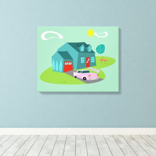 Retro Suburban House Uitgerekte Canvas Print (Insitu (Houten vloer))