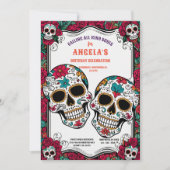 Retro Suikerschedels Día de los Muertos Verjaardag Kaart (Voorkant)