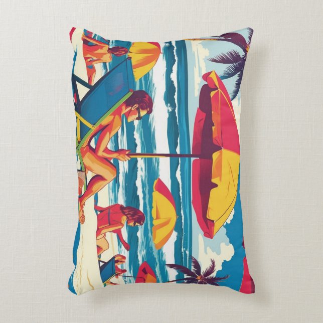 Retro Summer Beach Scene Throw Pillow  Accent Kussen (Voorkant(Verticaal))