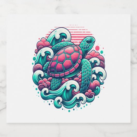 Retro Summer Ocean Wave Turtle Sparkling Wijnetiket (Enkel label)
