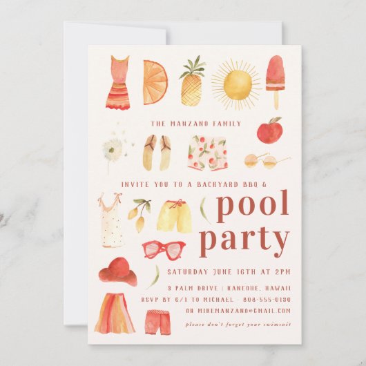 Retro Summer | Pool Party Invitation Kaart (Voorkant)
