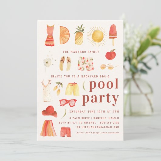Retro Summer | Pool Party Invitation Kaart (Staand voorkant)