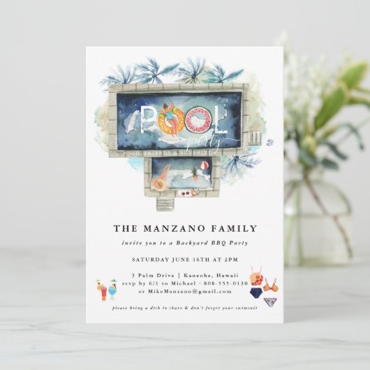 Retro Summer | Pool Party Invitation Kaart (Staand voorkant)