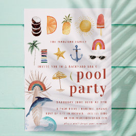 Retro Summer Surf | Pool Party Invitation Kaart