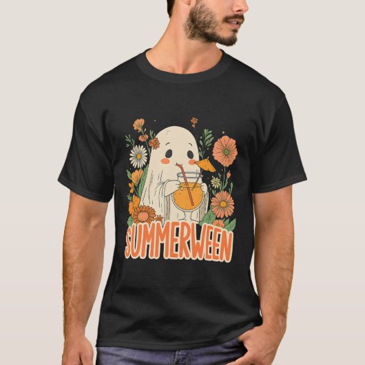 Retro Summerween Ghost Boho Floral Summer Hallowee T-shirt (Voorkant)