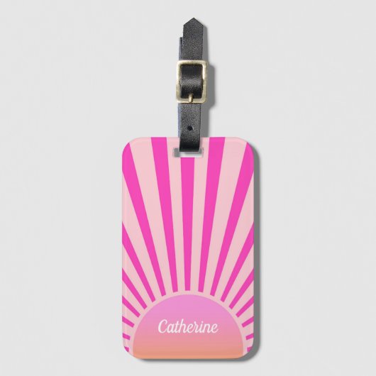 Retro Sun Burst Sunset Sunrise Hot Pink Ombre Bagagelabel (Voorkant (verticaal))