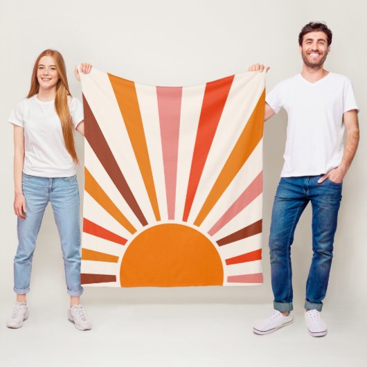 Retro Sun Rays blaast Zonnehard Oranje Geel Rood Fleece Deken (In situ)
