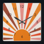 Retro Sun Rays blaast Zonnehard Oranje Geel Rood Vierkante Klok<br><div class="desc">Retrozon barst in warm roze,  bruine,  oranje tinten. Retro moderne oranje zonnestralen,  zonneschijn geometrische abstracte kunst.</div>
