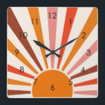 Retro Sun Rays blaast Zonnehard Oranje Geel Rood Vierkante Klok<br><div class="desc">Retrozon barst in warm roze,  bruine,  oranje tinten. Retro moderne oranje zonnestralen,  zonneschijn geometrische abstracte kunst.</div>