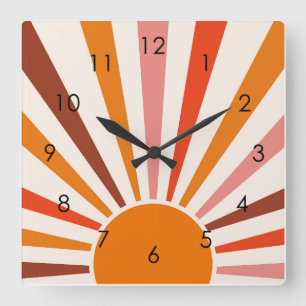 Retro Sun Rays blaast Zonnehard Oranje Geel Rood Vierkante Klok